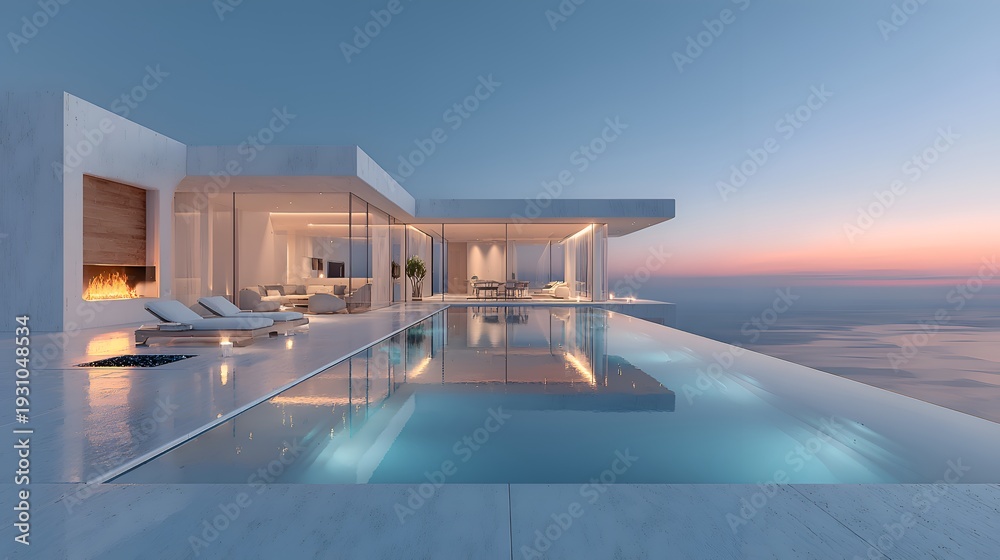 Fototapeta premium A luxurious modern villa with an infinity pool reflects the tranquil sunset over the ocean, promising an idyllic getaway experience for residents.