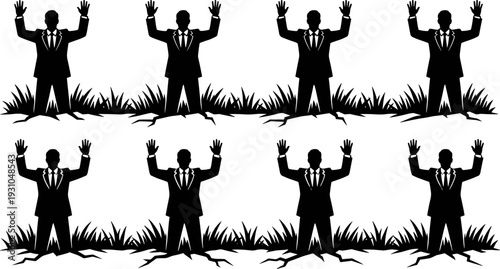 Businessman silhouette raised hands standing cracked ground, stress concept, corporate crisis, vector illustration, isolated, symbolic leadership failure design