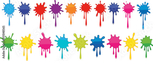 Colorful paint splatter vector set, dripping ink splash collection, abstract liquid blot stains, bright artistic splashes isolated on white background