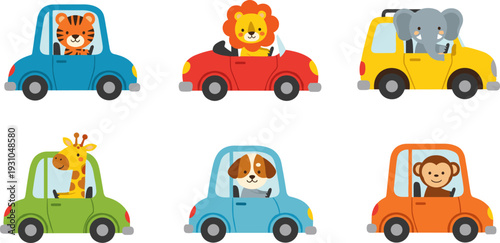 Cute animal driving cars vector set, cartoon safari drivers collection, kids transportation illustration, funny wildlife vehicle characters isolated bundle