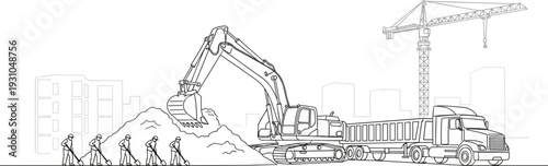 Construction site line art illustration with excavator, dump truck, crane and workers building urban infrastructure isolated on white background design