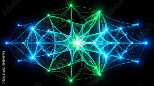 Glowing abstract network of interconnected lights and lines against black background