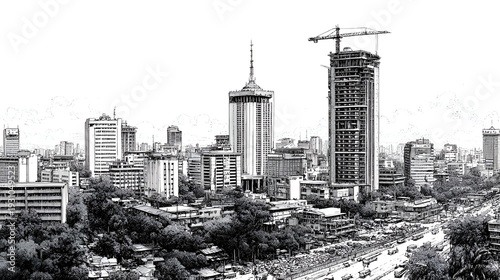 An artistic monochrome sketch captures a cityscape with tall buildings, including one under construction with a crane, on a clear day today.