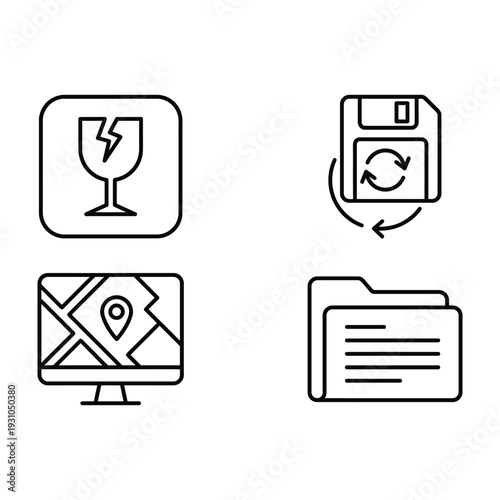 Data Management and Logistics Line Icons: Fragile Shipping, Backup, Location Tracking, and Digital Files Vector Symbols for Technology.