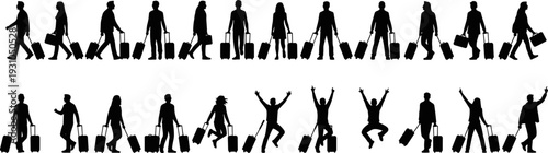 Traveler silhouette collection with suitcase, people walking and jumping isolated on white background travel illustration set designTraveler silhouette