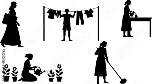 Woman silhouettes collection featuring household chores cleaning gardening cooking laundry isolated female vector illustration black shape set bundle