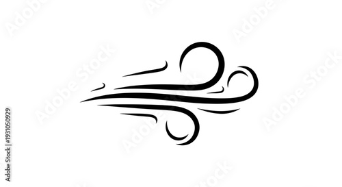 Wind blowing icon, stylized black lines representing air flow and gusts on a white background
