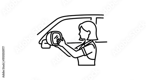 Woman adjusting car side mirror, preparing for a drive, close-up, clean line art