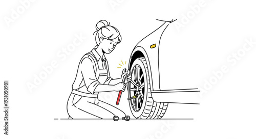 Woman changing car tire on roadside, flat tire repair, roadside assistance, DIY car maintenance