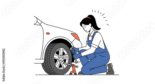 Woman changing car tire with jack, auto repair, vehicle maintenance, DIY, roadside assistance