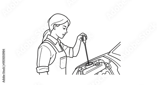Woman checking car engine oil level with dipstick, auto mechanic, vehicle maintenance