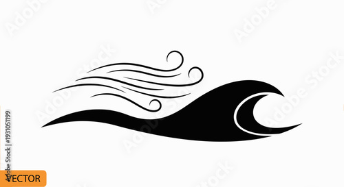 Stylized Black Wave Icon with Swirling Wind Elements