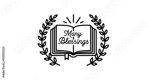 Open Book with "Many Blessings" Text and Laurel Wreath