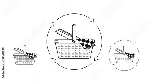 Picnic Basket Icon Set: Small, Medium, Large with Arrows for Rotation and Size Change