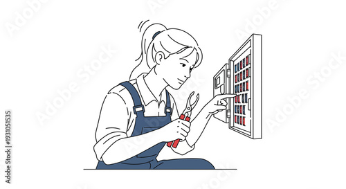 Female electrician working on electrical panel with tools, home repair concept
