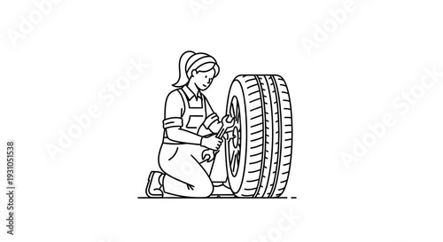 Female Mechanic Changing Car Tire, Kneeling with Wrench, Automotive Repair Service