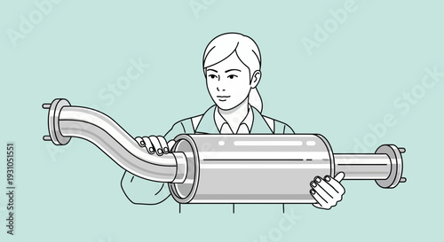 Female Mechanic Inspecting Car Exhaust System Part for Repair or Replacement