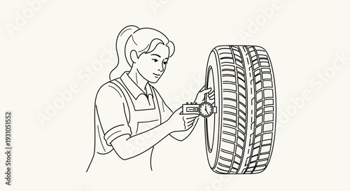 Female Mechanic Inspecting Tire Tread Depth with Caliper Tool