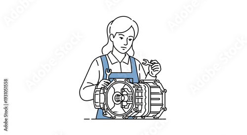 Female Mechanic Working on Industrial Machine with Wrench, Precision Repair