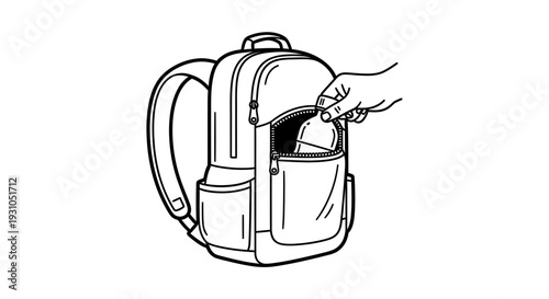Hand placing item into backpack pocket, school or travel preparation, organized storage