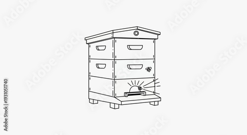 Hand-drawn illustration of a beehive with an entrance and a bee flying in.
