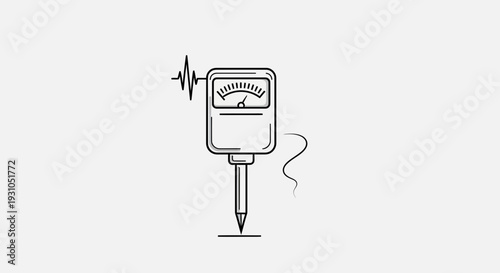 Hand-drawn illustration of a soil moisture meter with a pulse line, symbolizing plant health and gardening.