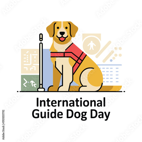 Yellow guide dog wearing red vest with international guide dog day text service animal