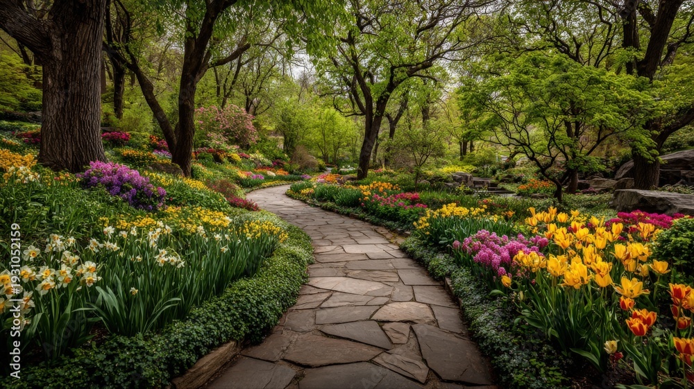 Obraz premium Serene Garden Path Winding Through Lush Spring Flowers and Verdant Trees, Offering Tranquility and Beauty