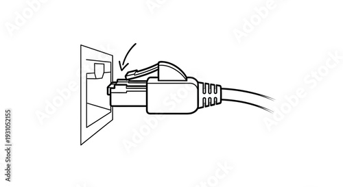 Ethernet Cable Plug Inserted into Wall Socket with Clip Pressed