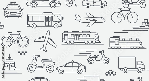 Various Transportation Vehicles Illustrated in Black and White.