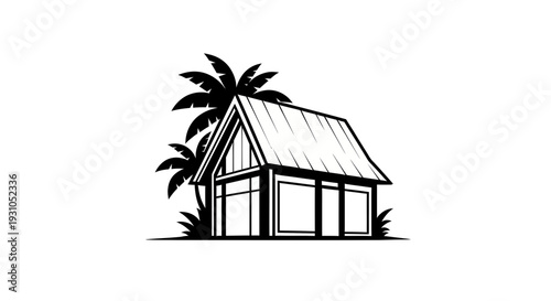 Minimalist Tropical Hut with Palm Trees Silhouette, Vector Art