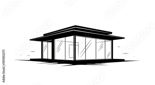 Modern Glass House Architecture, Minimalist Design, Black and White Sketch