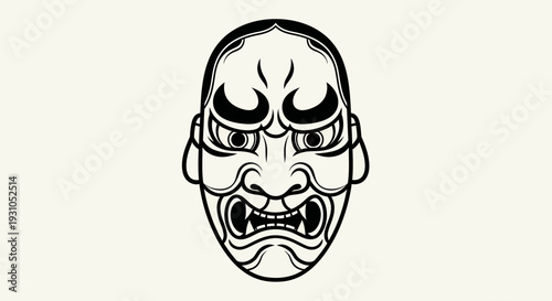 Japanese Kabuki Mask Illustration - Fierce Oni Demon Face, Traditional Art