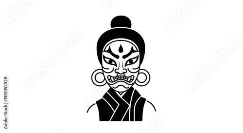 Japanese Noh Mask Illustration - Black and White Graphic of a Traditional Theatrical Mask
