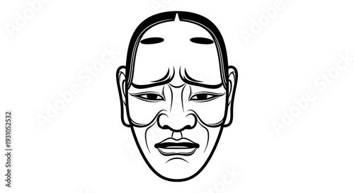 Japanese Noh Mask Illustration - Sad Expression, Traditional Art