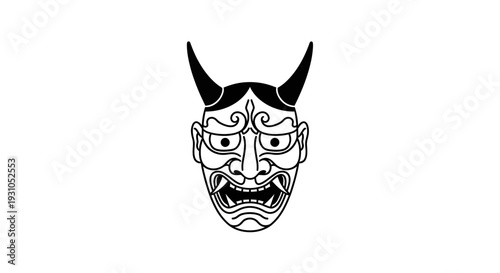 Japanese Oni Mask Tattoo Design, Traditional Demon Face with Horns, Black and White Illustration
