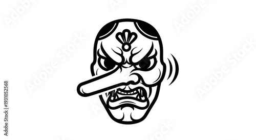 Japanese Tengu Mask Illustration - Black and White