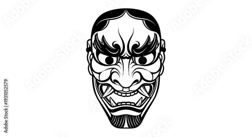 Japanese Oni Mask Tattoo Design, Black and White Vector Illustration