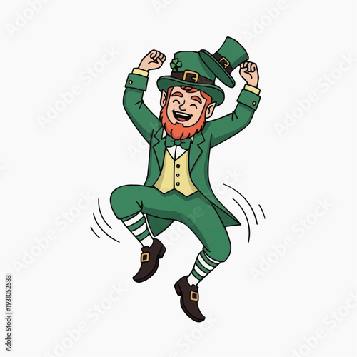 Joyful leprechaun jumping with excitement in green suit and hat.