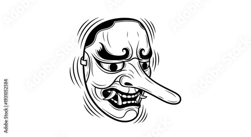 Japanese Tengu Mask Illustration - Supernatural Being, Folklore Character