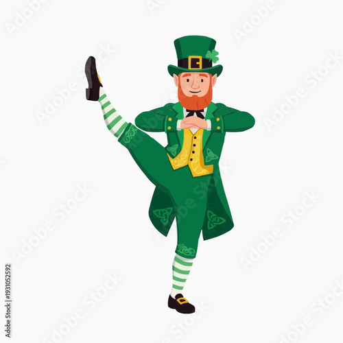 Leprechaun performing a ballet pose with clover hat and green suit.