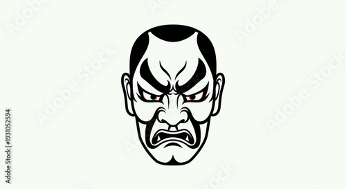 Kabuki Mask Graphic: Fierce Warrior Face, Japanese Traditional Art, Black and White