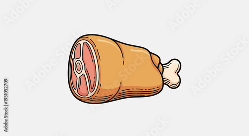 Delicious Ham Hock, Cooked Pork Leg with Bone, Isolated on White Background, Food Illustration