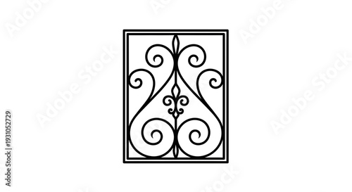 Decorative wrought iron square panel with swirling ornate pattern, black on white background