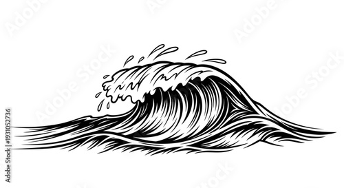 Dynamic Ocean Wave Illustration - Black and White Sketch Style