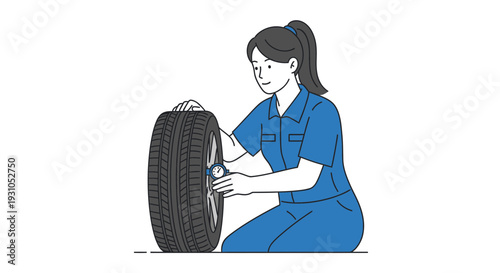 Female mechanic checking tire pressure with gauge, car service and maintenance concept