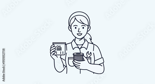 Female Mechanic Holding Oil Filter and Oil Can, Car Maintenance Service