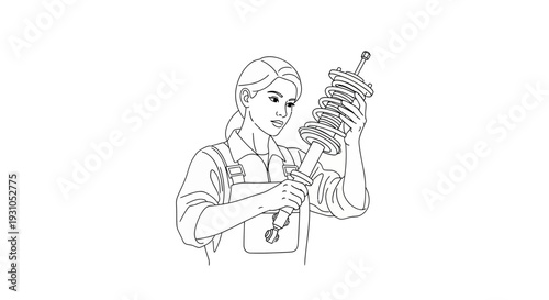 Female mechanic inspecting car suspension shock absorber, auto repair workshop, skilled woman technician