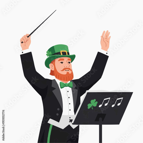 Leprechaun conductor leading an orchestra, St. Patrick's Day theme