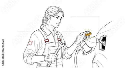 Female Mechanic Refueling Car, Holding Gas Pump Nozzle and Wrench, Close-up